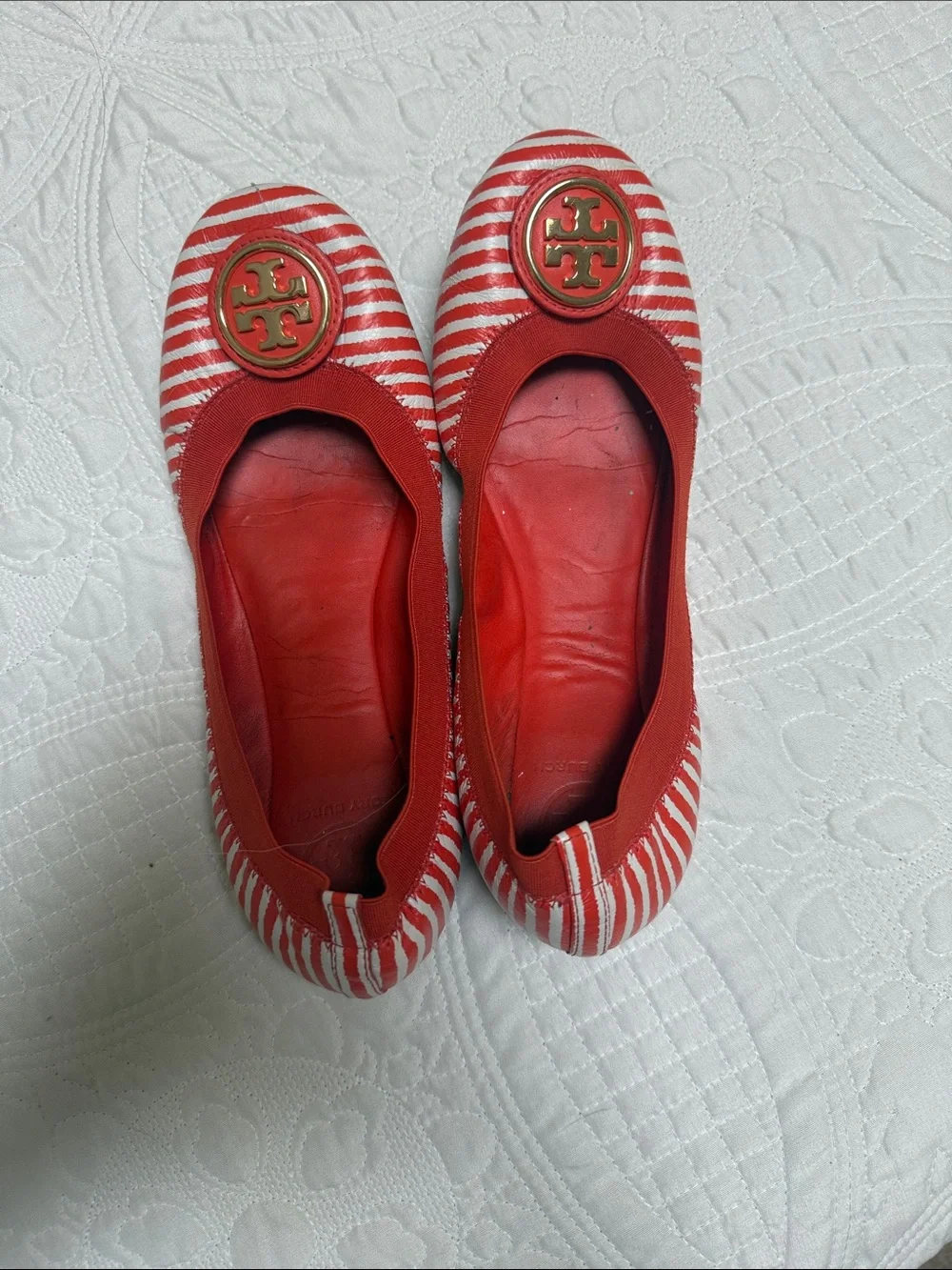 Tory Burch Orange and White Striped Logo Ballet Flats